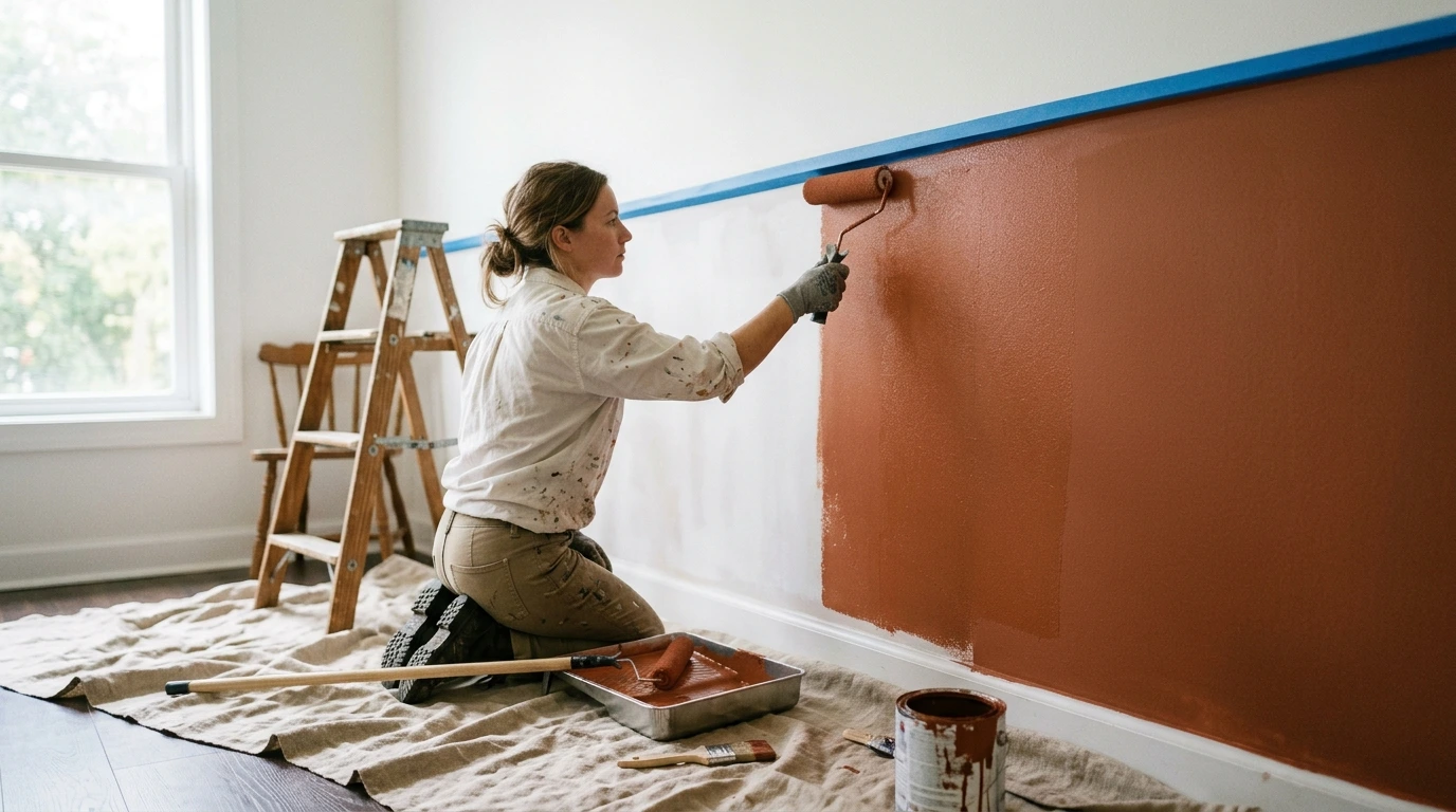 Mur intérieur en cours de mise en peinture dans une teinte terracotta