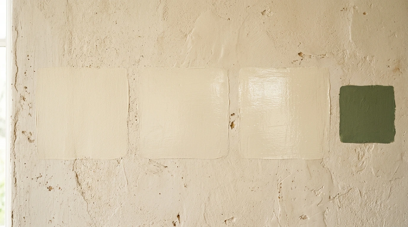 Trois échantillons de finition mate, velours et satin sur un même mur