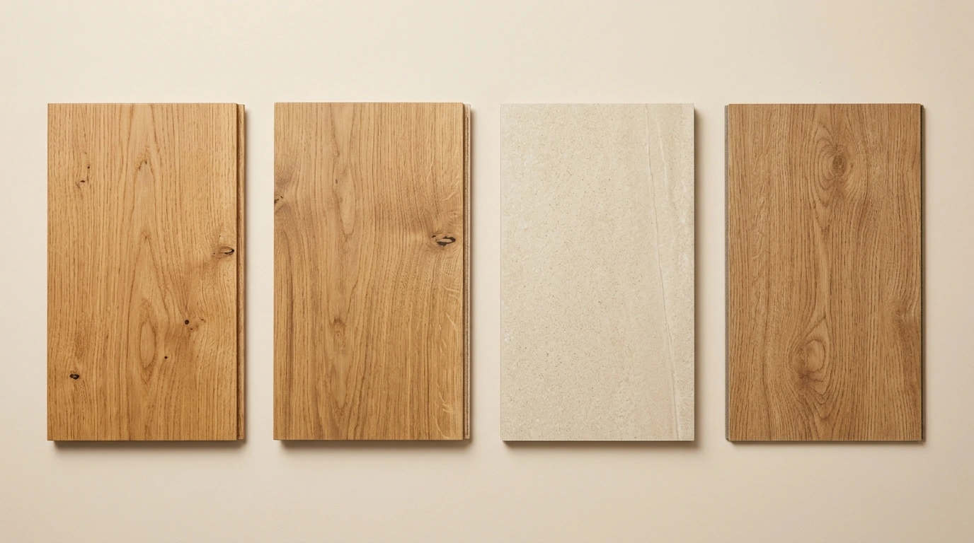 Échantillons de parquet, carrelage et vinyle posés côte à côte