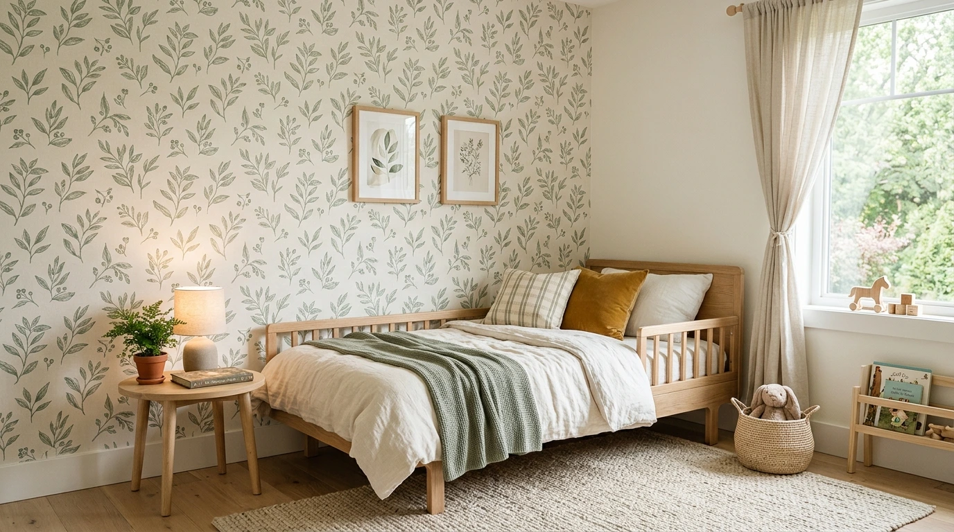 Chambre d’enfant habillée d’un papier peint clair et lavable
