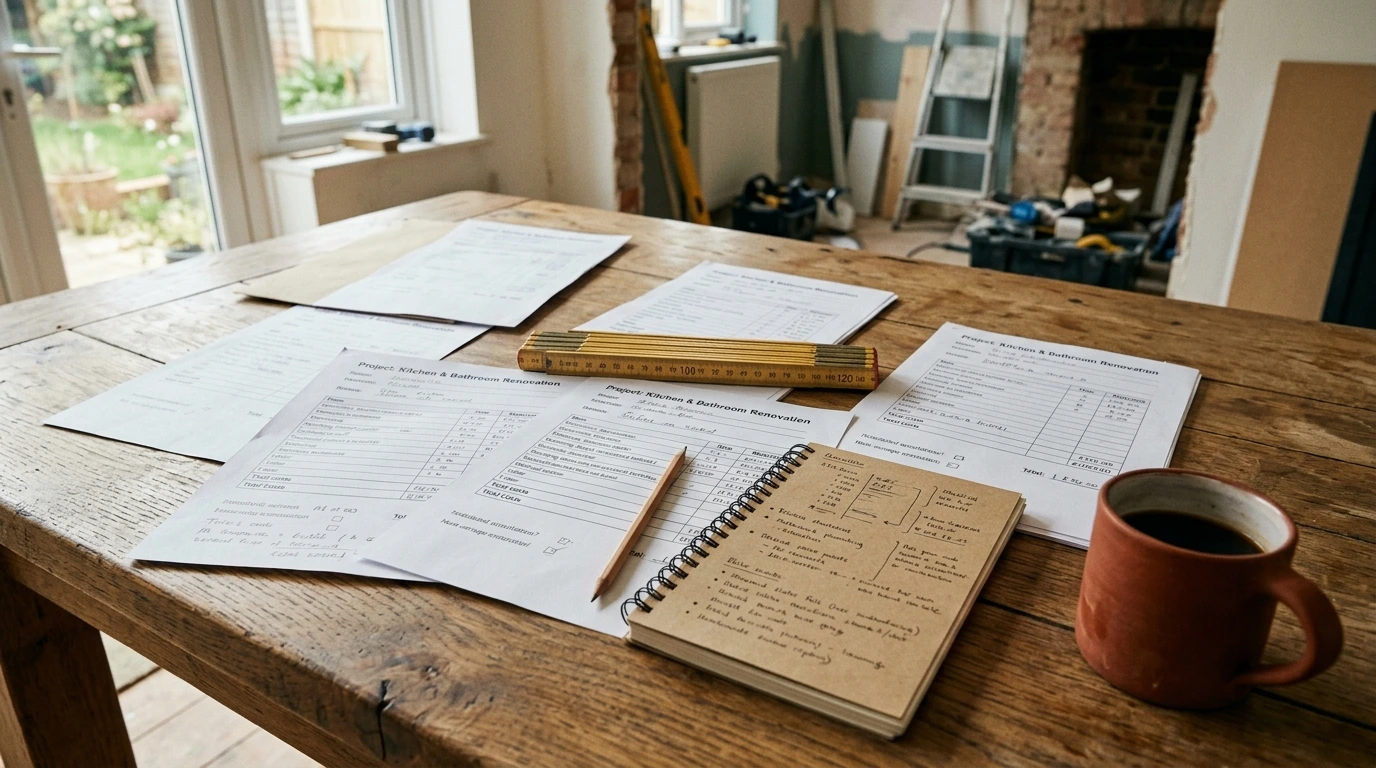 Devis de rénovation posé sur une table avec un mètre et un carnet