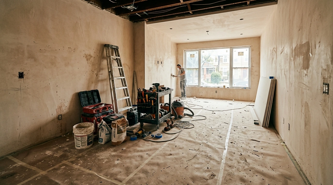 Chantier de rénovation intérieure en cours, murs et sol en attente