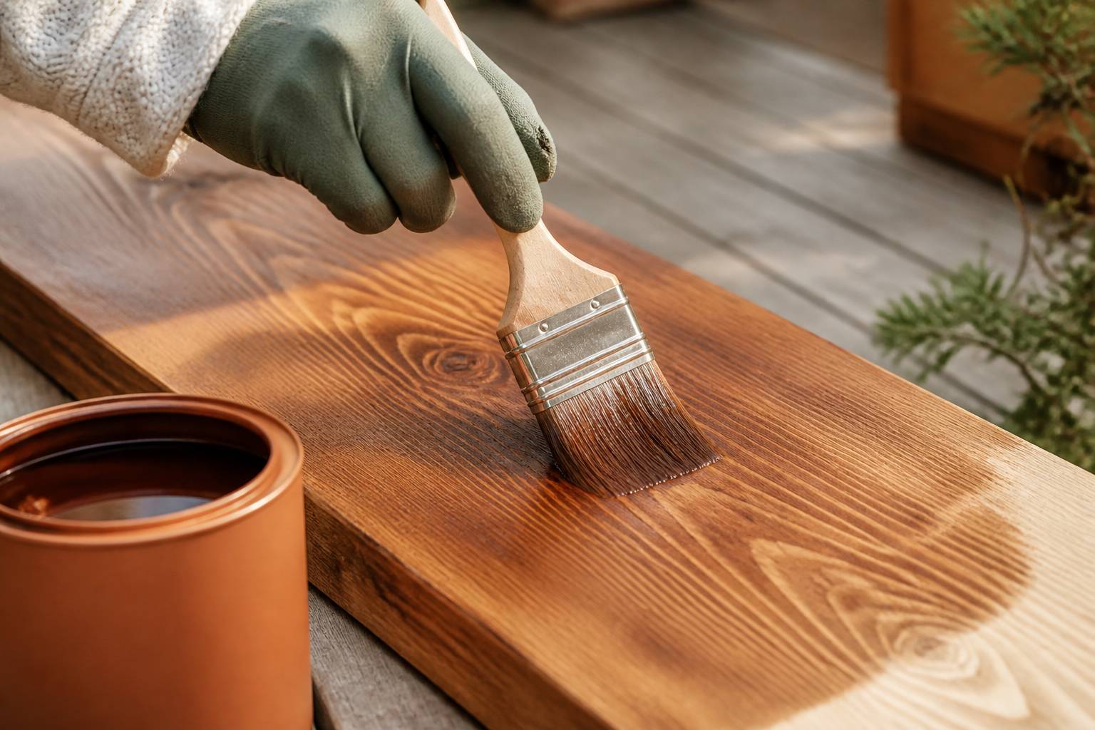 Main gantée appliquant une lasure au pinceau sur du bois
