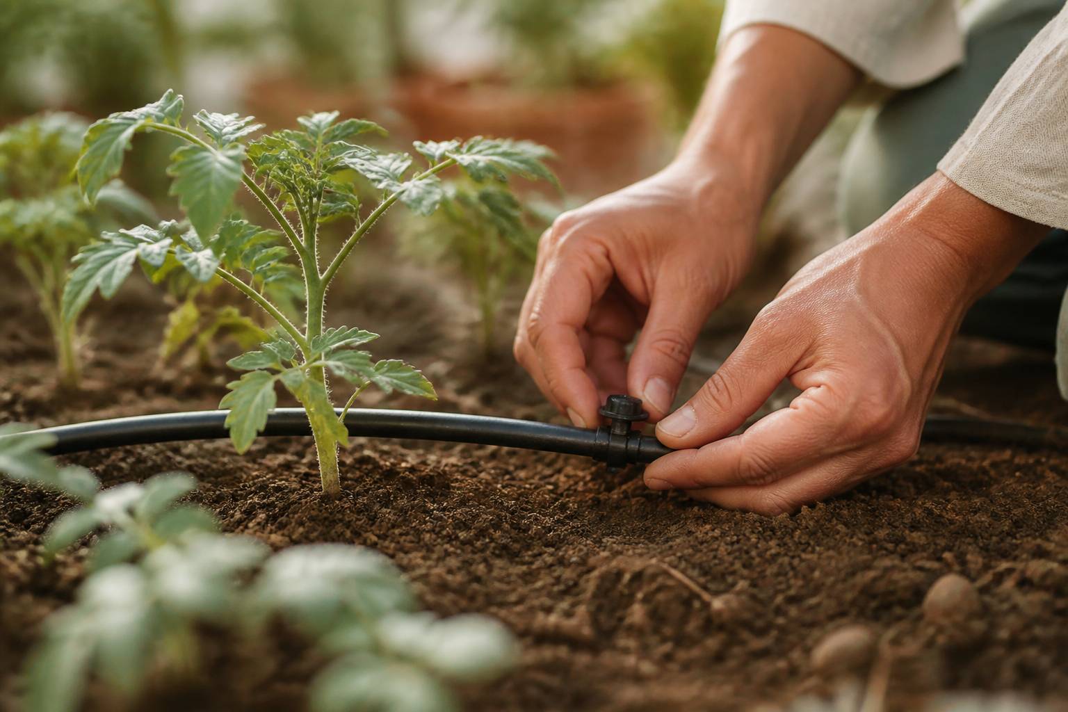 Mains installant un goutteur sur un tuyau d'arrosage au pied d'un plant