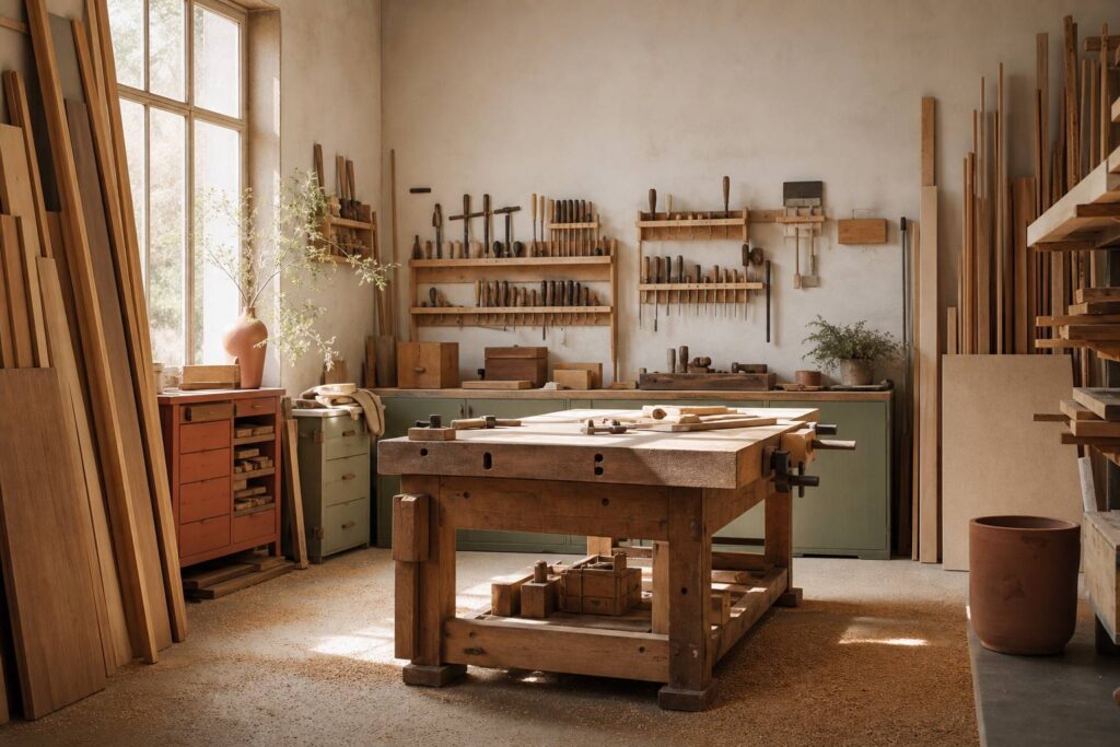 Atelier de menuiserie avec établis et pièces de bois