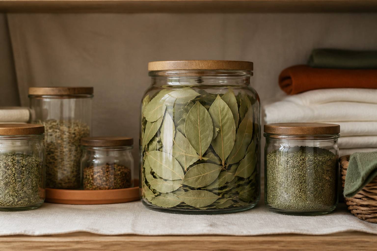 Bocal en verre de feuilles de laurier sur une étagère de placard avec d'autres herbes