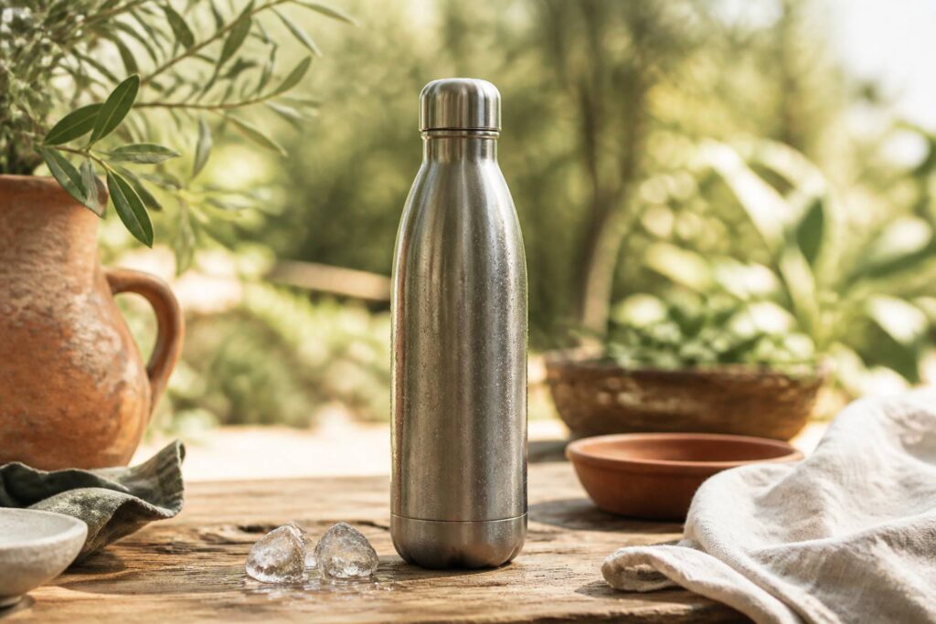 Bouteille isotherme avec gouttelettes et glaçons sur table en bois