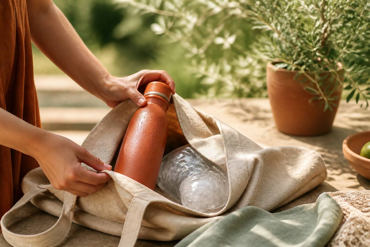 Bouteille isotherme glissée dans un sac en toile avec glaçons