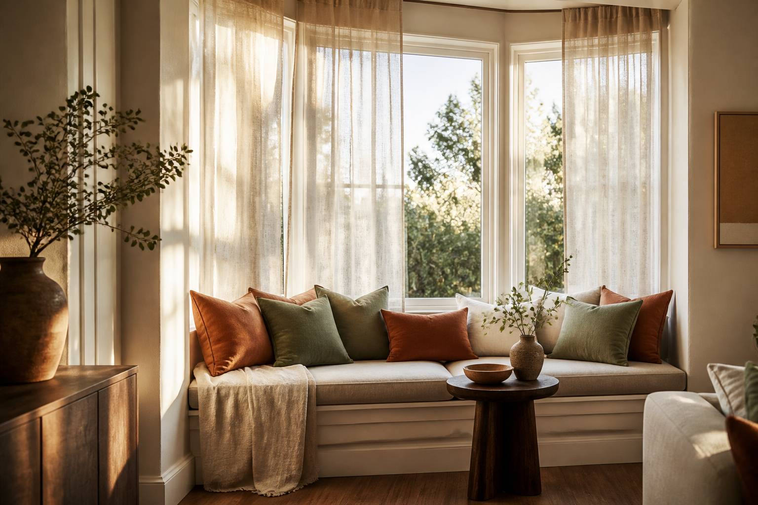 Rideaux en lin et coussins terracotta dans un bow-window