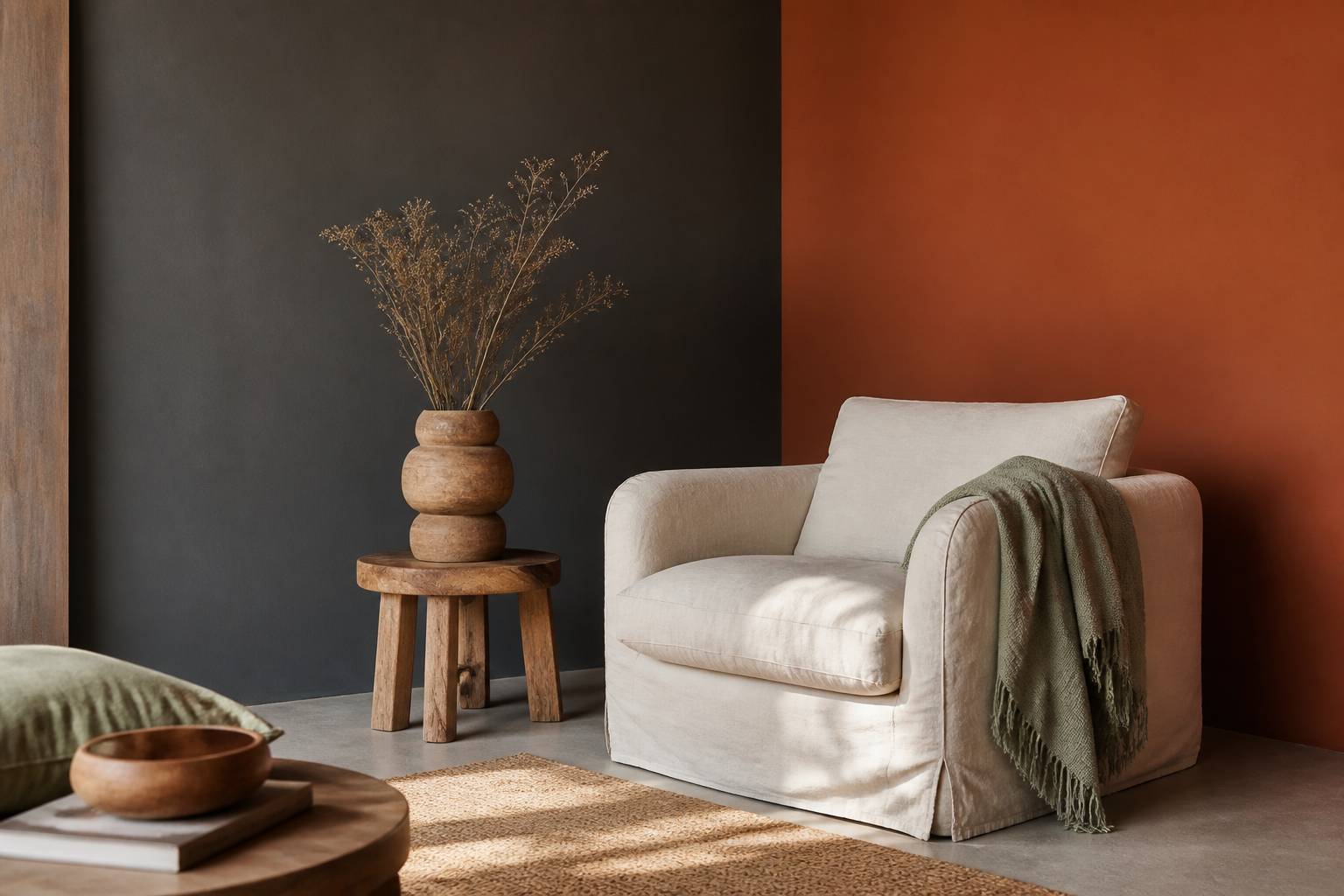 Pan de mur brun froid et marron chaud avec fauteuil en lin