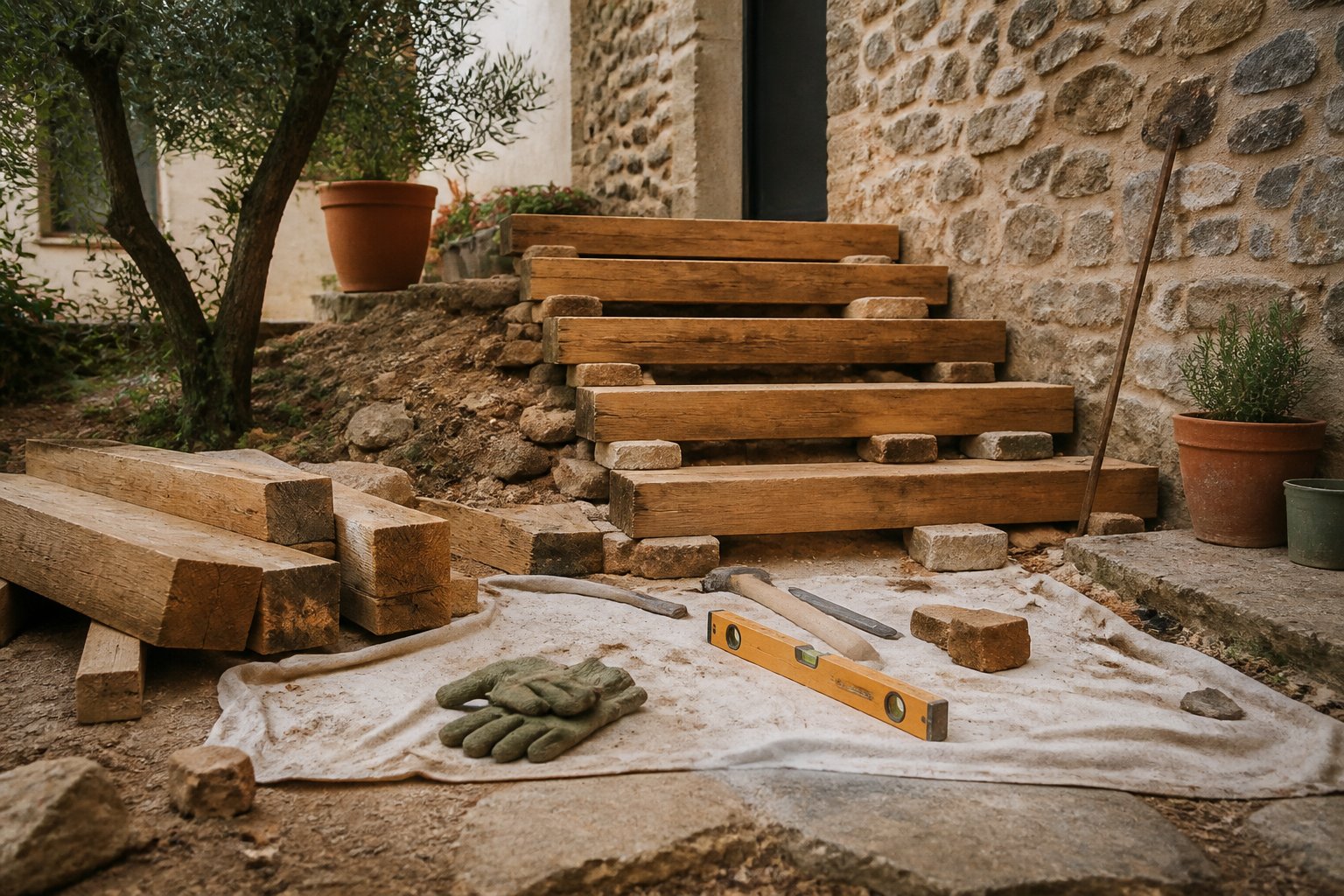 Marches en bois brut et cales en pierre sur un chantier de pose d'escalier