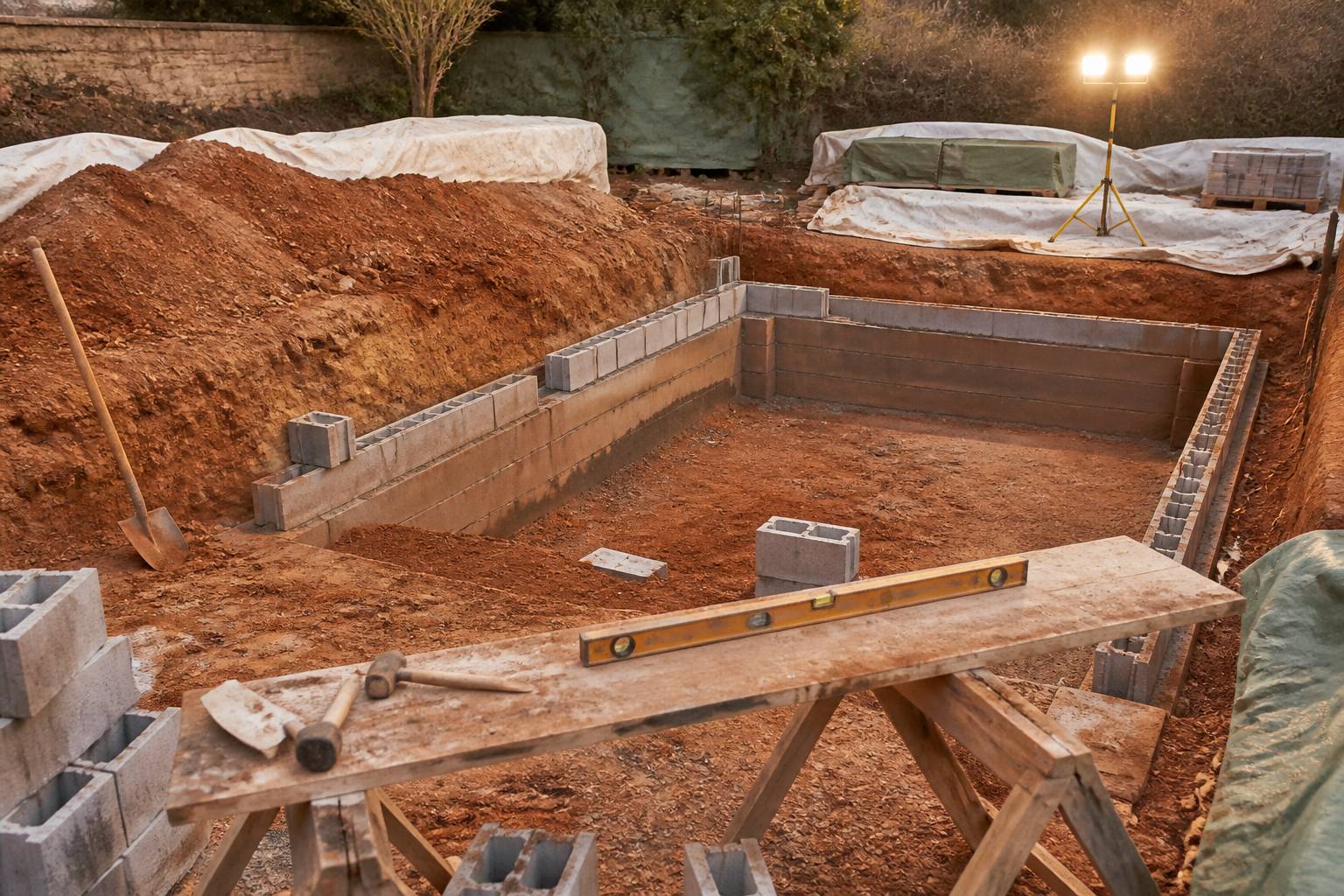Chantier de piscine avec terrassement et blocs de coffrage