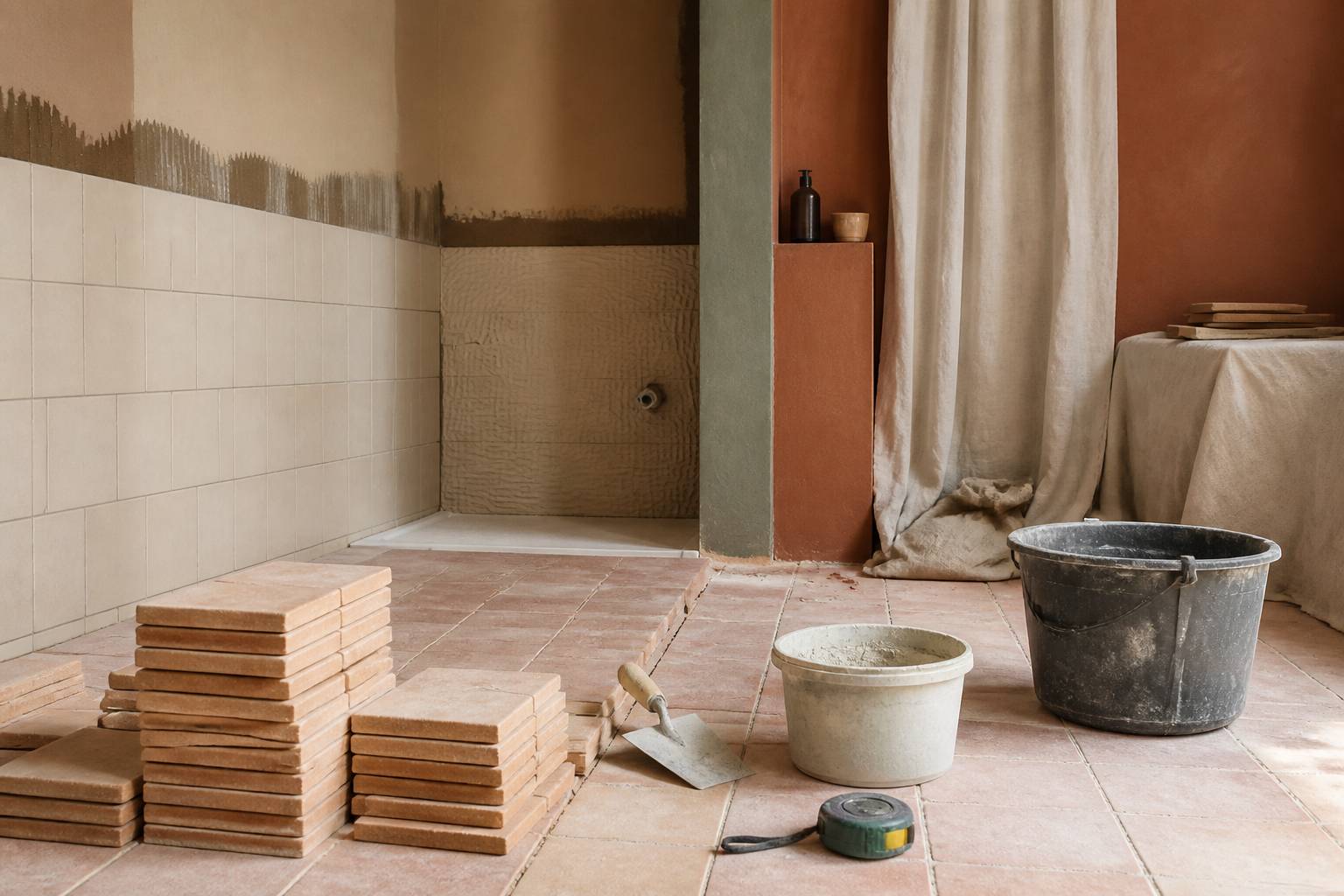 Chantier de rénovation de salle de bains avec carrelage, enduit et outils de pose