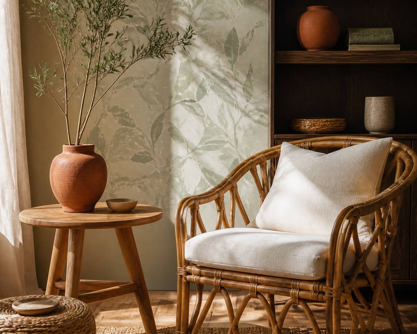 Coin déco pastel avec fauteuil en rotin et vase en céramique terracotta