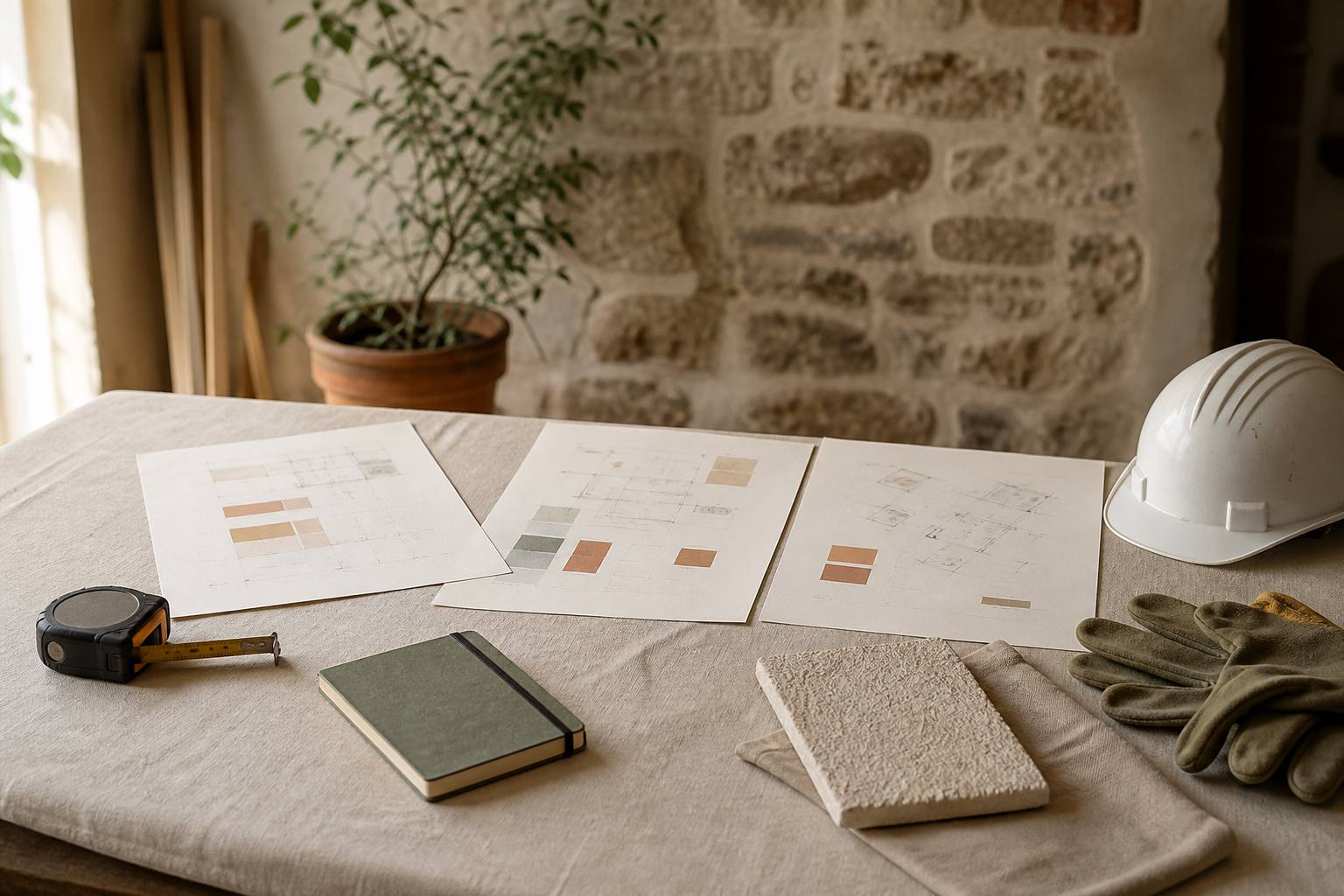 Trois devis papier sans texte avec mètre ruban et échantillon de crépi