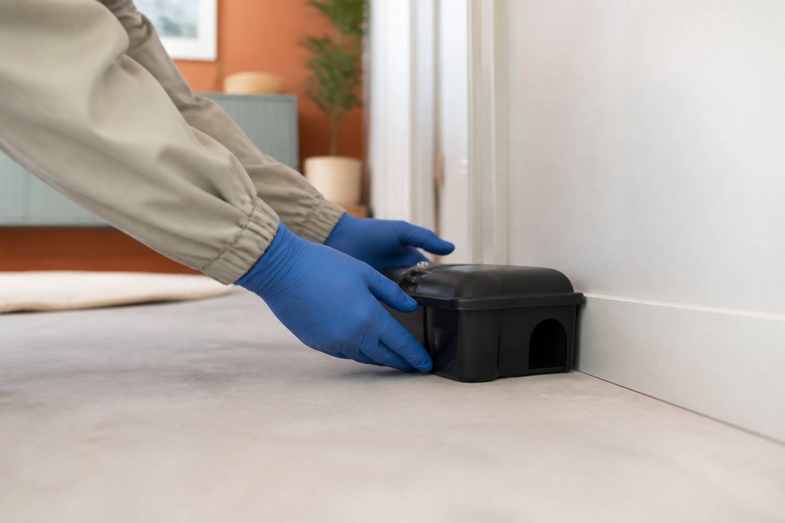 Mains gantées plaçant un poste d'appât sécurisé dans un coin de pièce