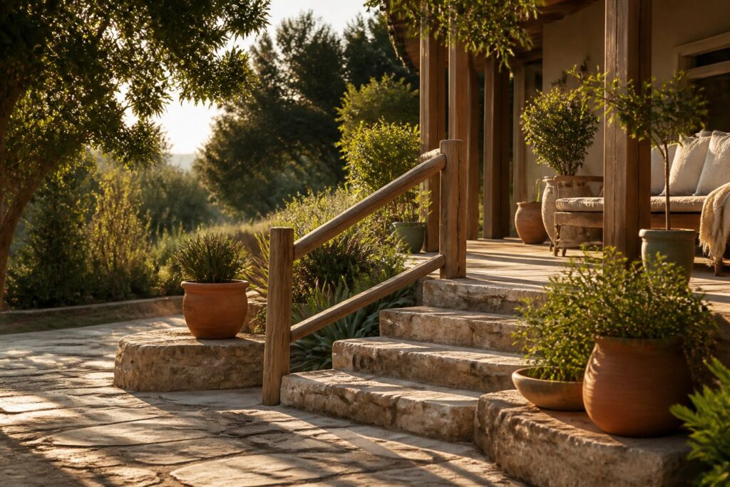 Escalier extérieur en bois et pierre menant à une terrasse avec jardin verdoyant