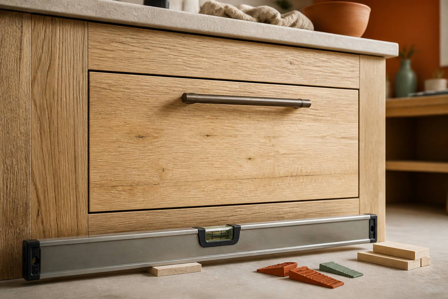 Façade de meuble de cuisine en bois avec niveau à bulle
