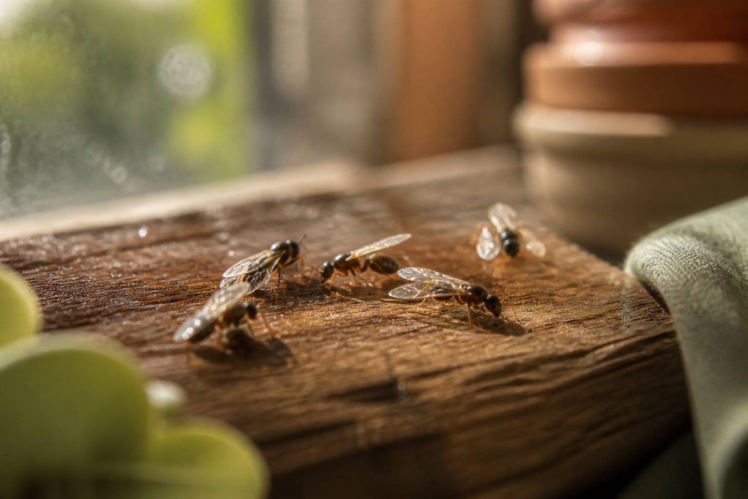 Gros plan de fourmis volantes aux ailes fines posées sur une surface en bois