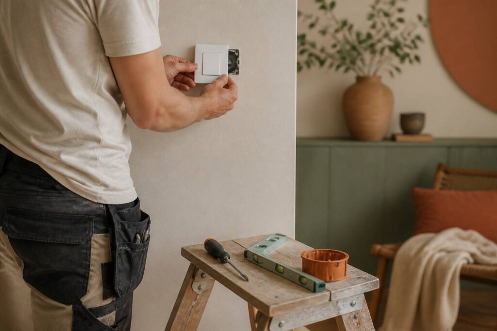 Électricien installant un interrupteur sur un mur