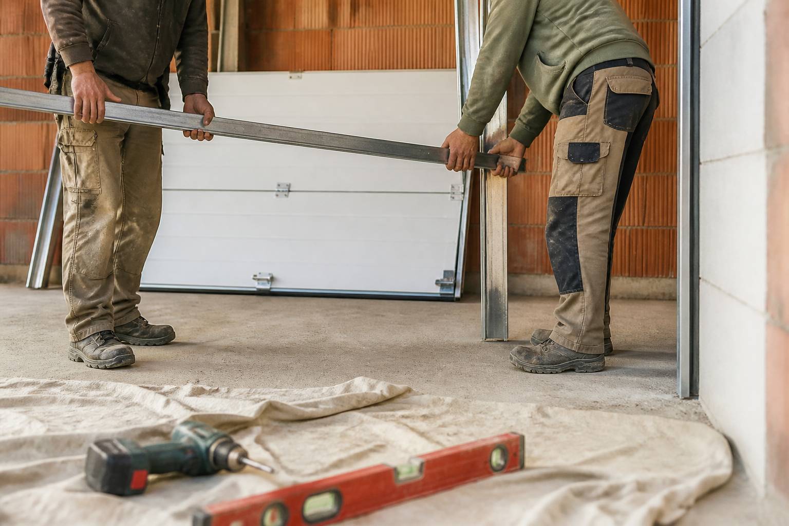 Artisans posant un rail de porte de garage avec un niveau à bulle et une perceuse