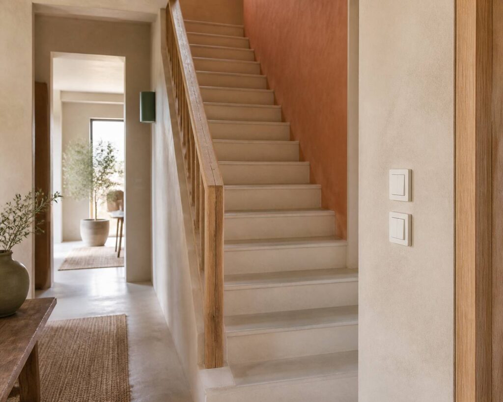 Deux interrupteurs va-et-vient blancs sur un mur d'escalier clair