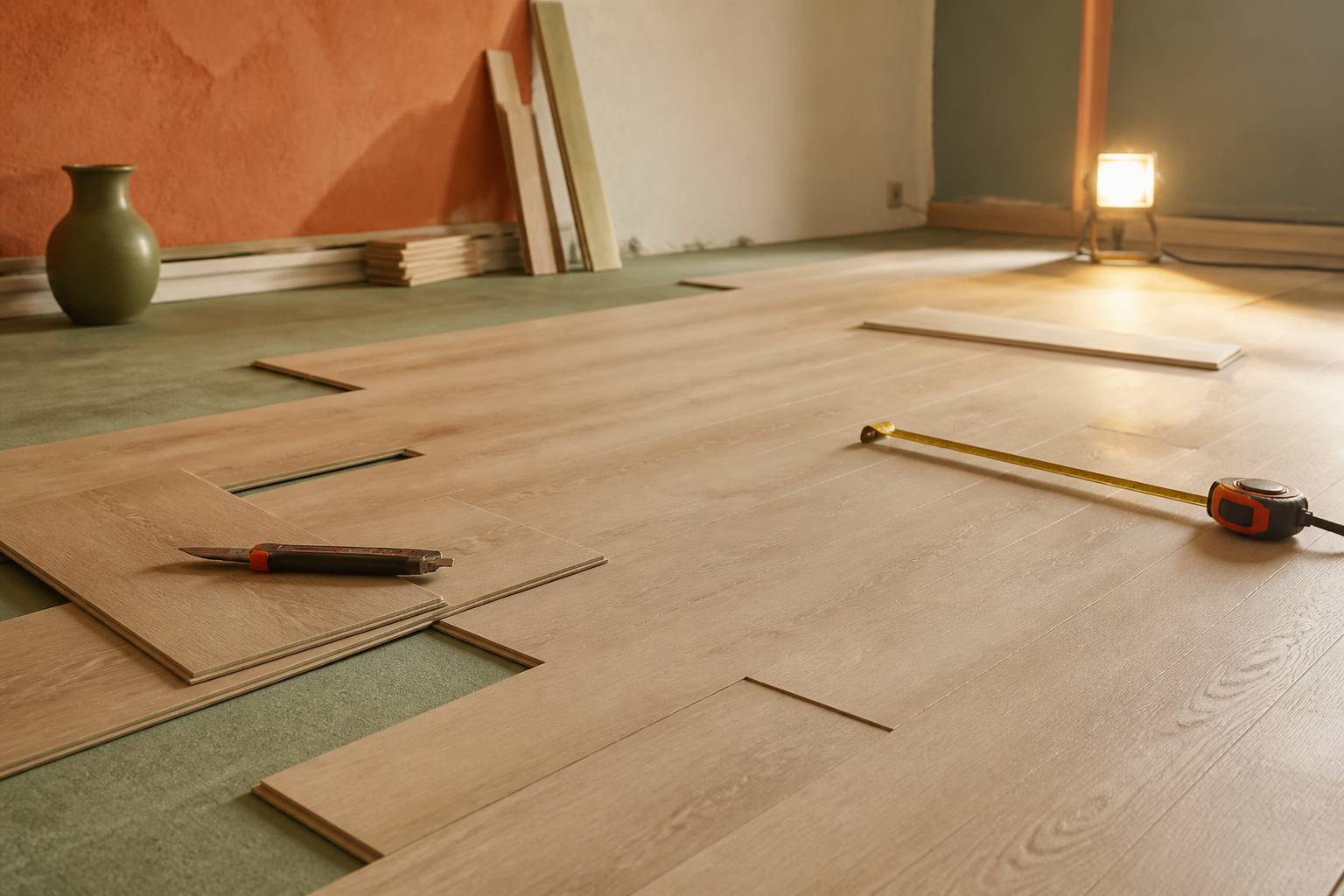 Lames PVC emboîtées avec cutter et mètre ruban