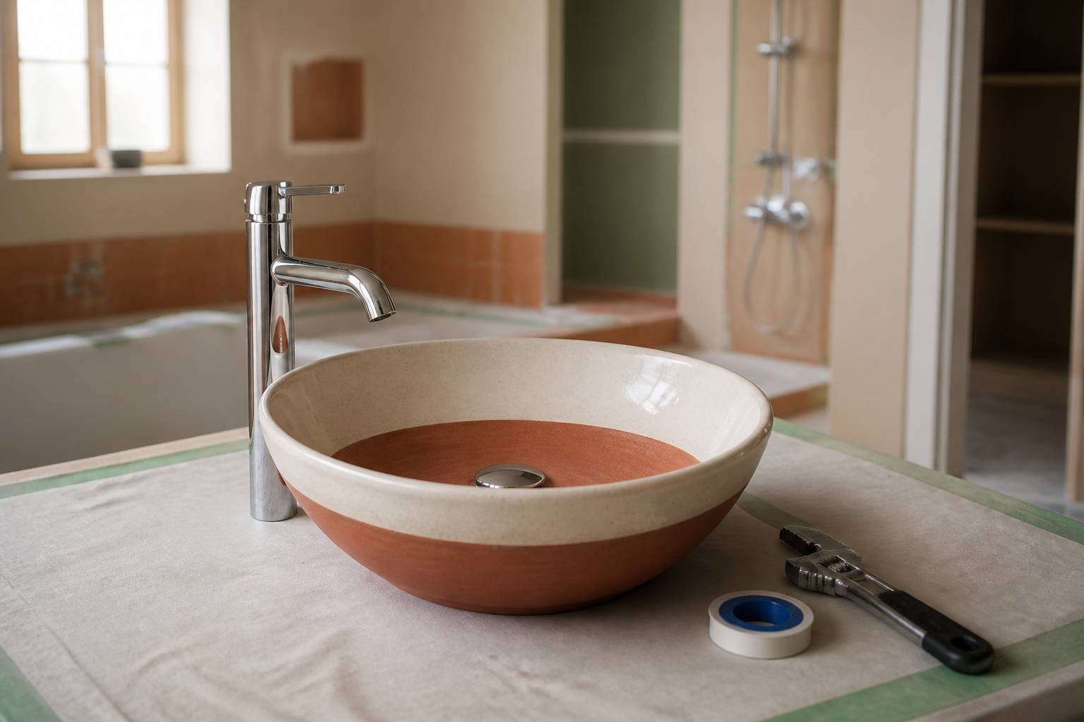 Lavabo avec robinetterie et outillage de plombier en gros plan