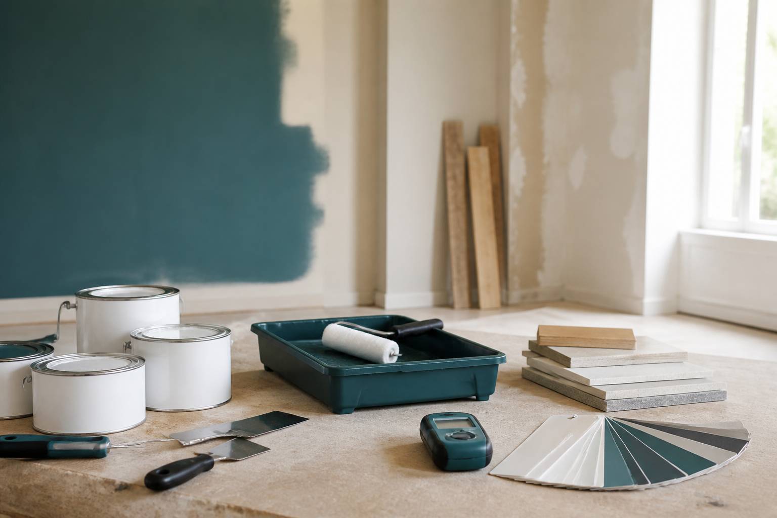 Matériel d'artisan du bâtiment : pots de peinture, spatules et outils sur un établi