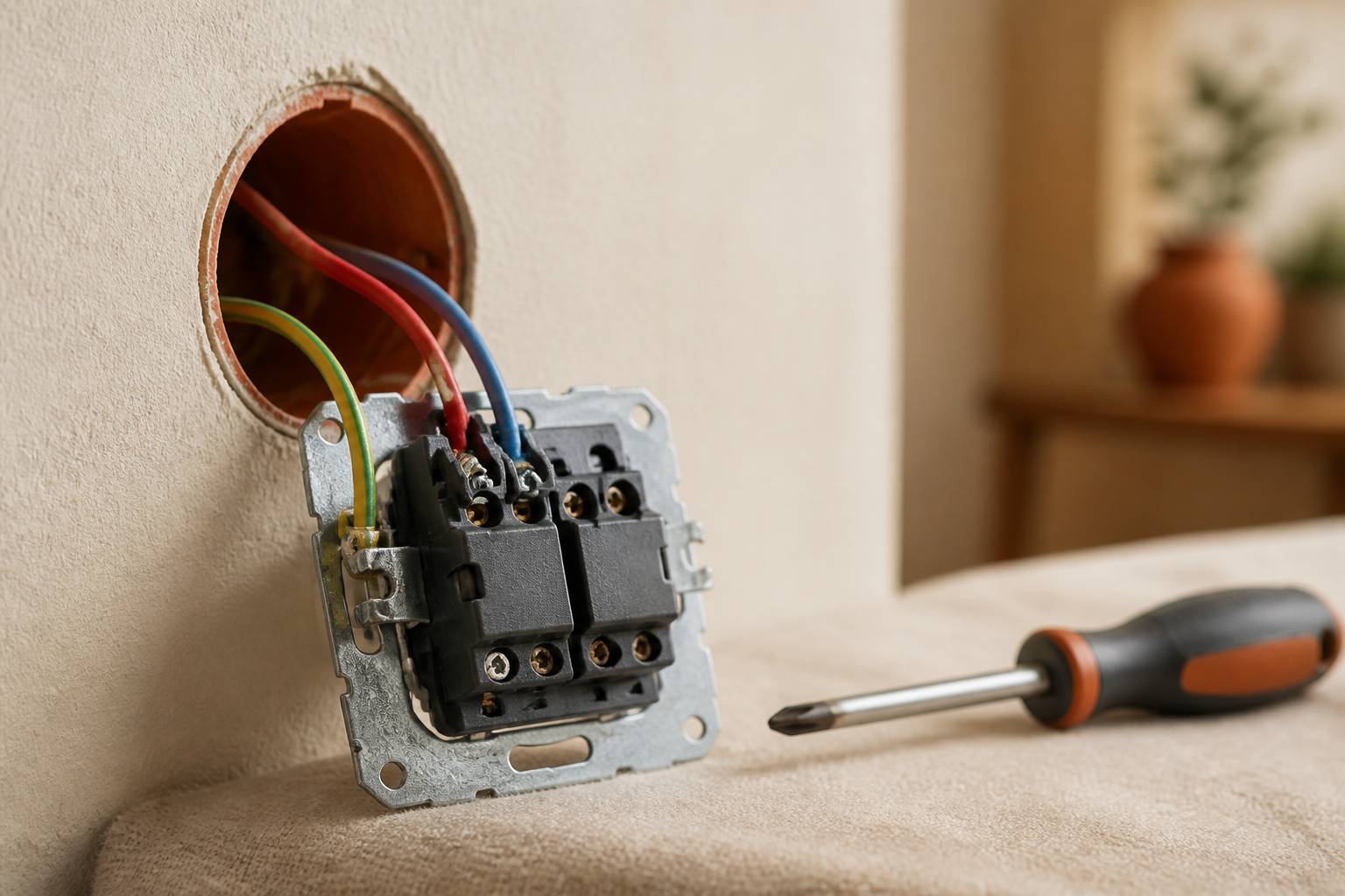 Gros plan d'un interrupteur démonté montrant les fils électriques de navette