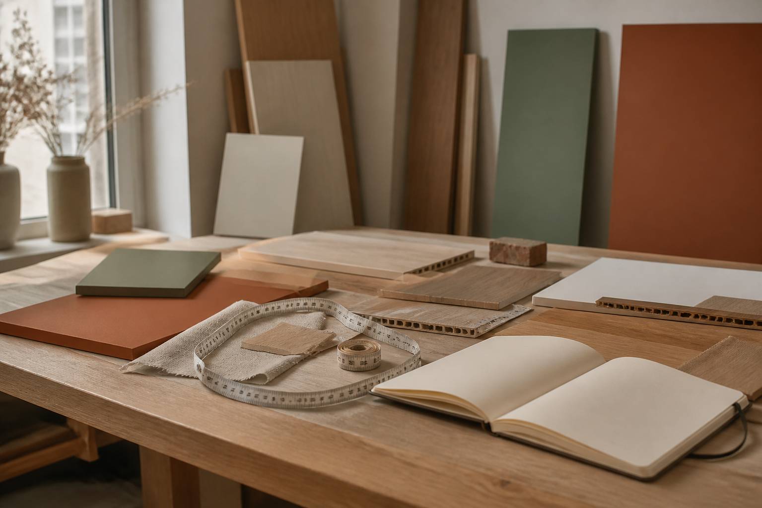 Mètre ruban et échantillons de bois pour dressing