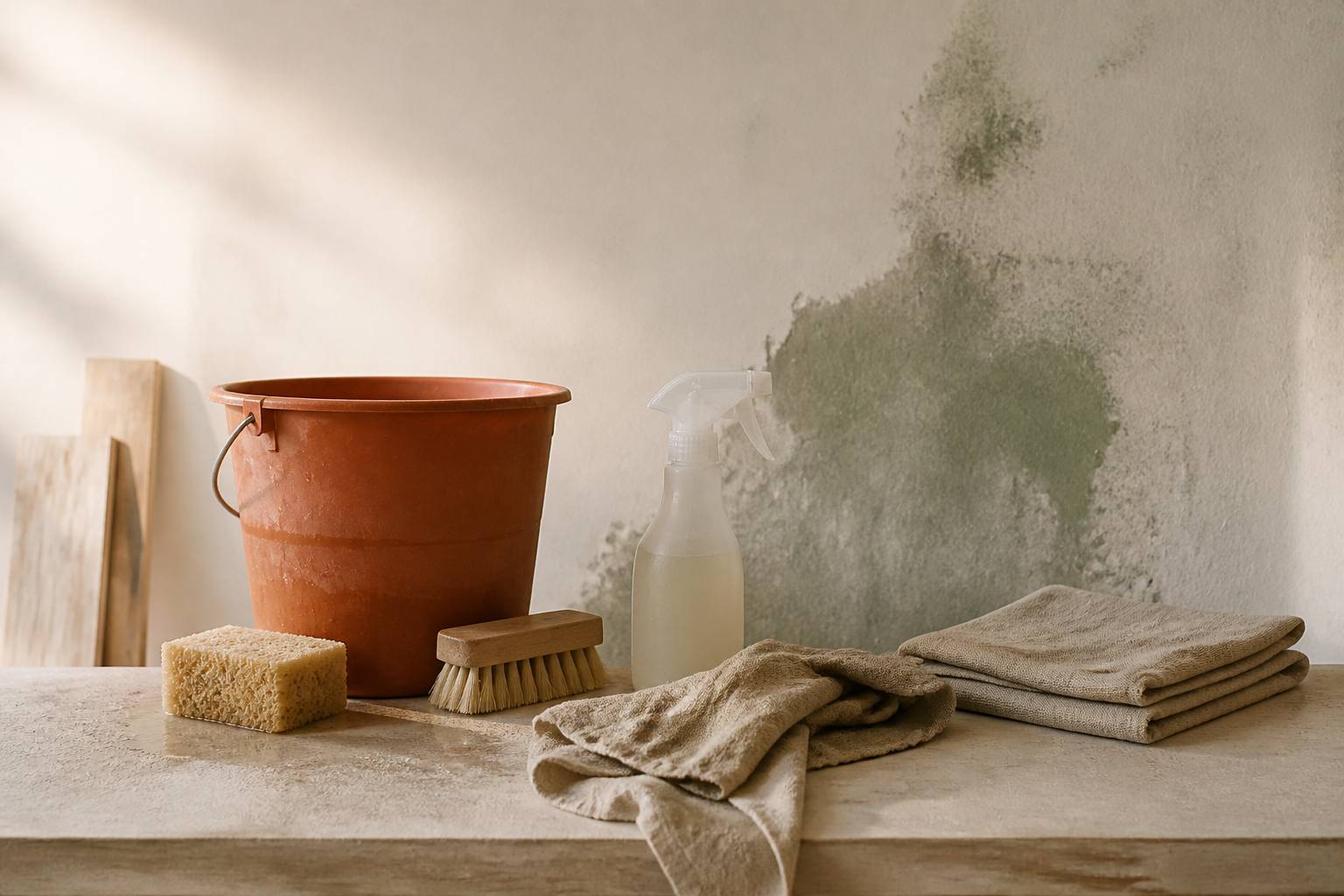 Brosse, éponge et vaporisateur posés devant un mur avec une tache vert-gris en cours de nettoyage