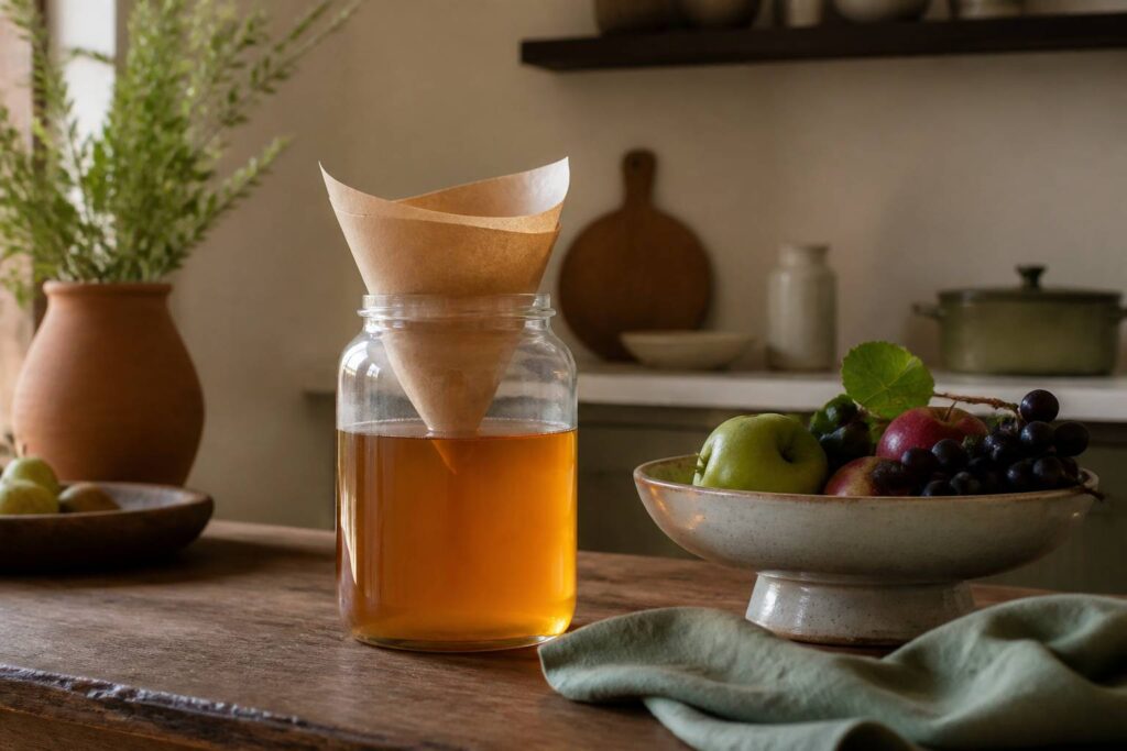 Bocal de vinaigre de cidre avec entonnoir en papier