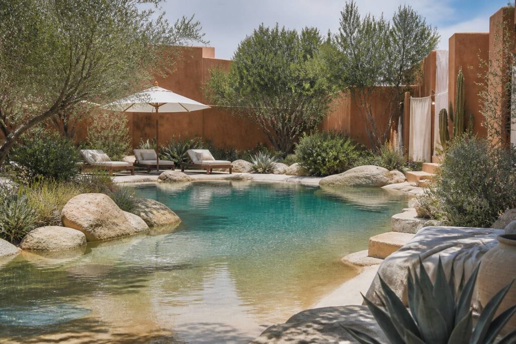 Piscine lagon aux courbes naturelles avec plage immergée et rochers