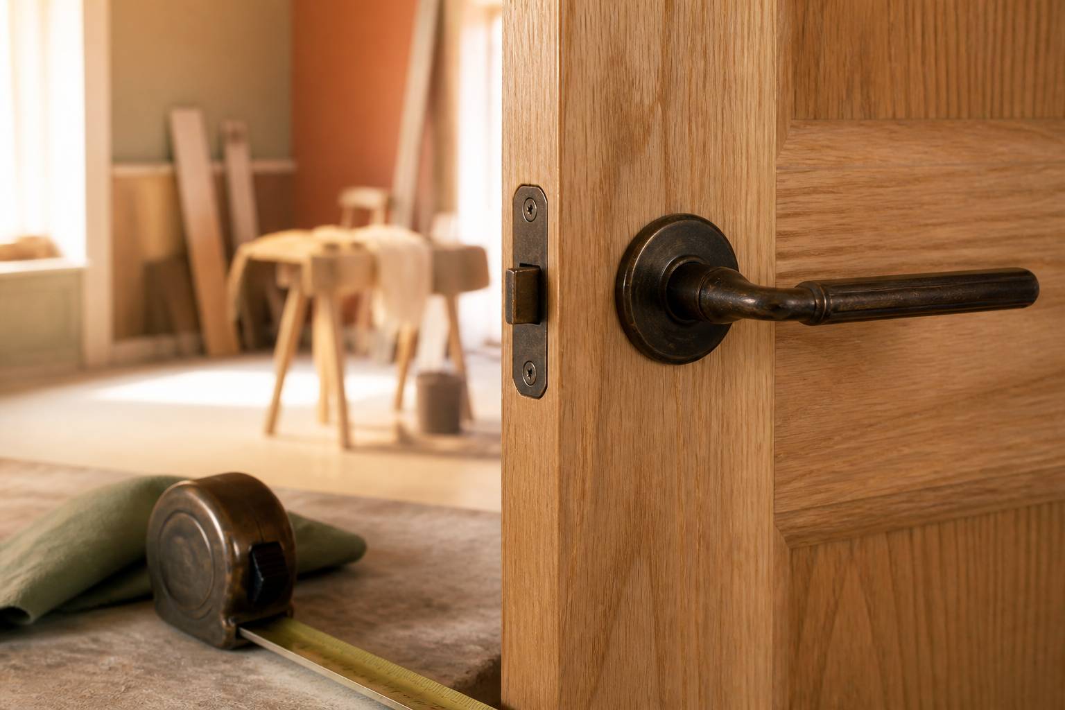 Poignée de porte intérieure en bois avec mètre ruban