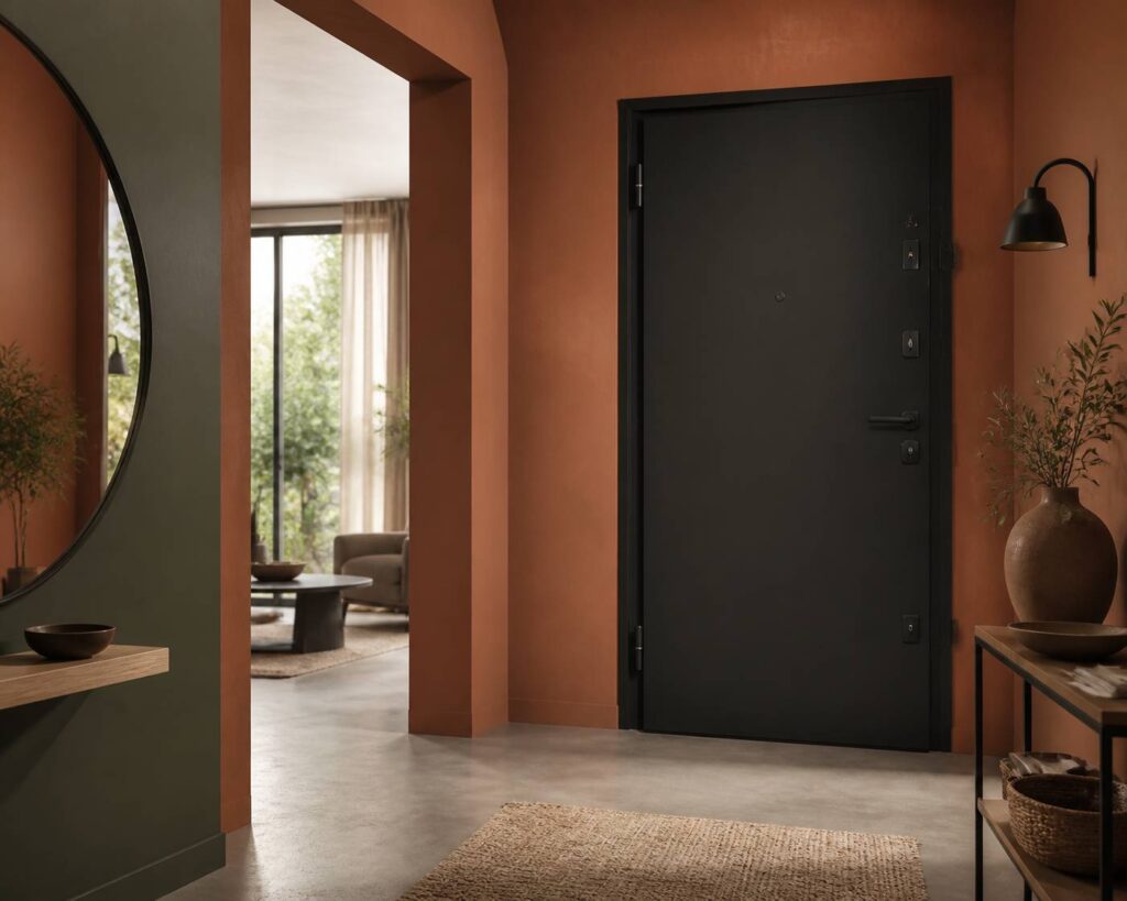 Porte blindée en acier sombre avec serrure multipoints dans un couloir
