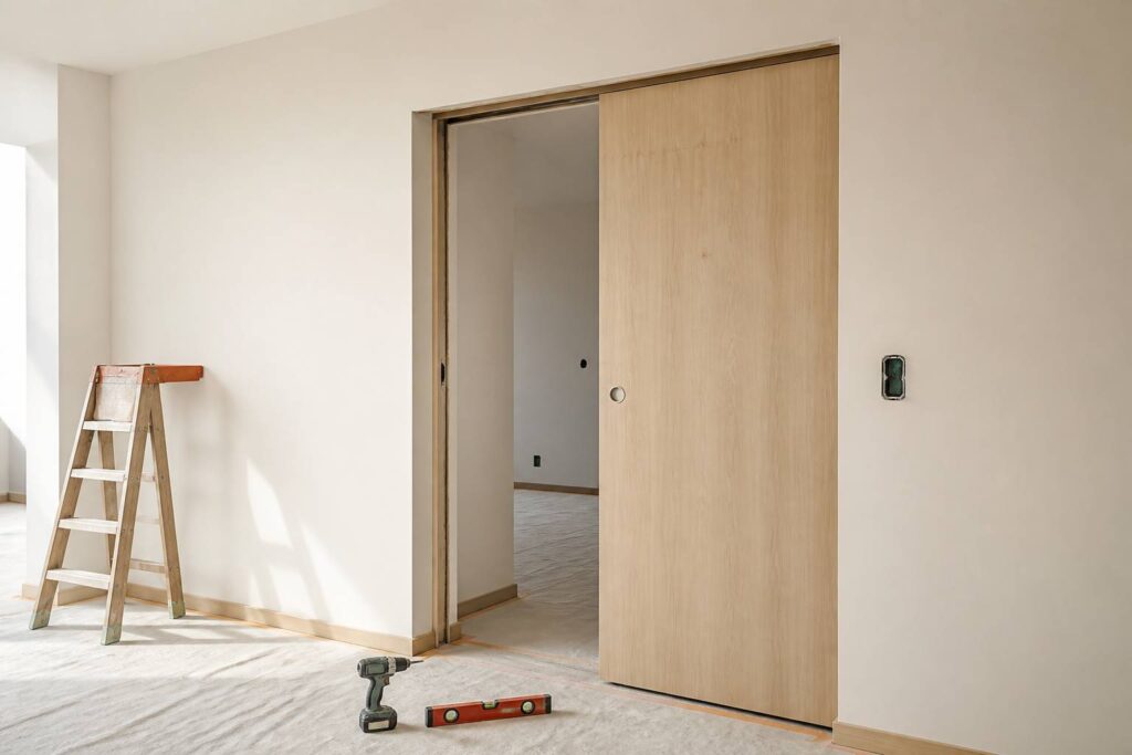 Porte à galandage en bois glissée dans son caisson