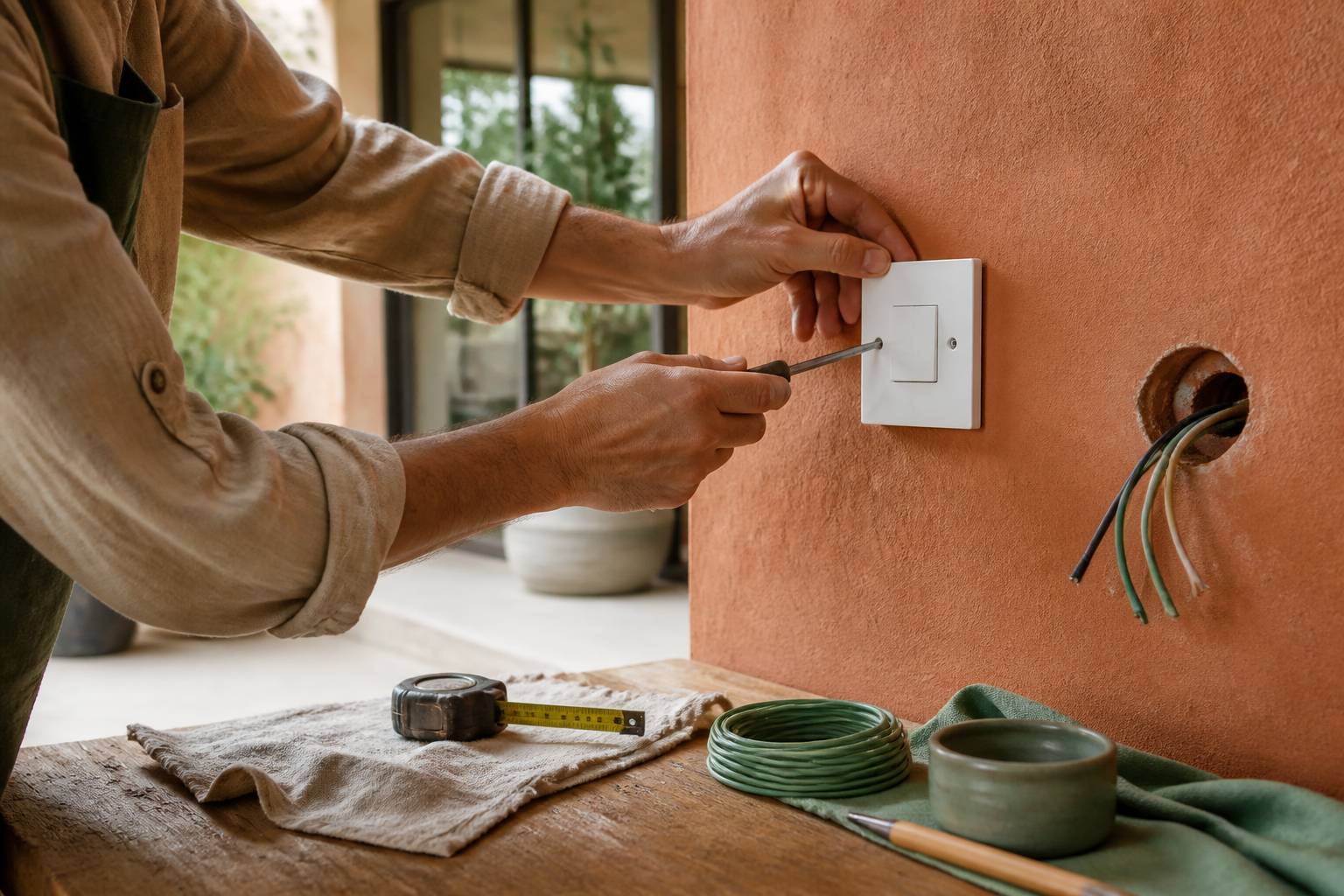 Mains vissant une plaque d'interrupteur avec un tournevis