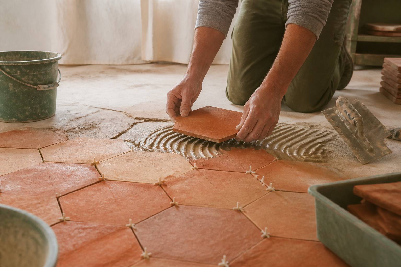 Mains de carreleur posant une tomette de terre cuite sur de la colle