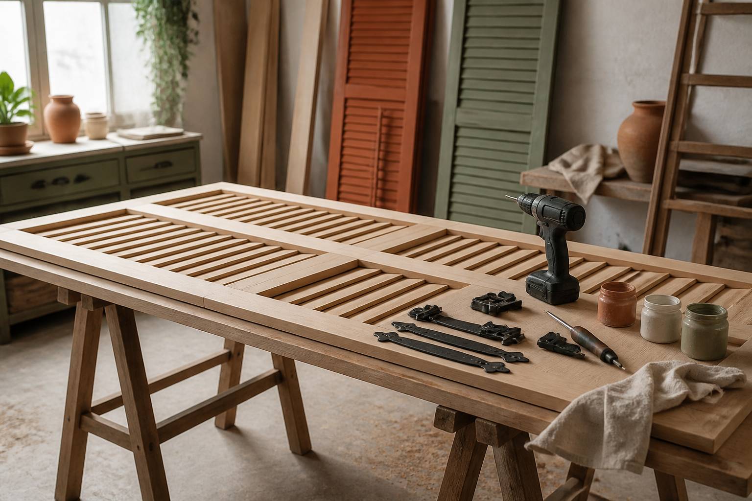 Volet en bois sur tréteaux avec gonds et arrêts dans un atelier