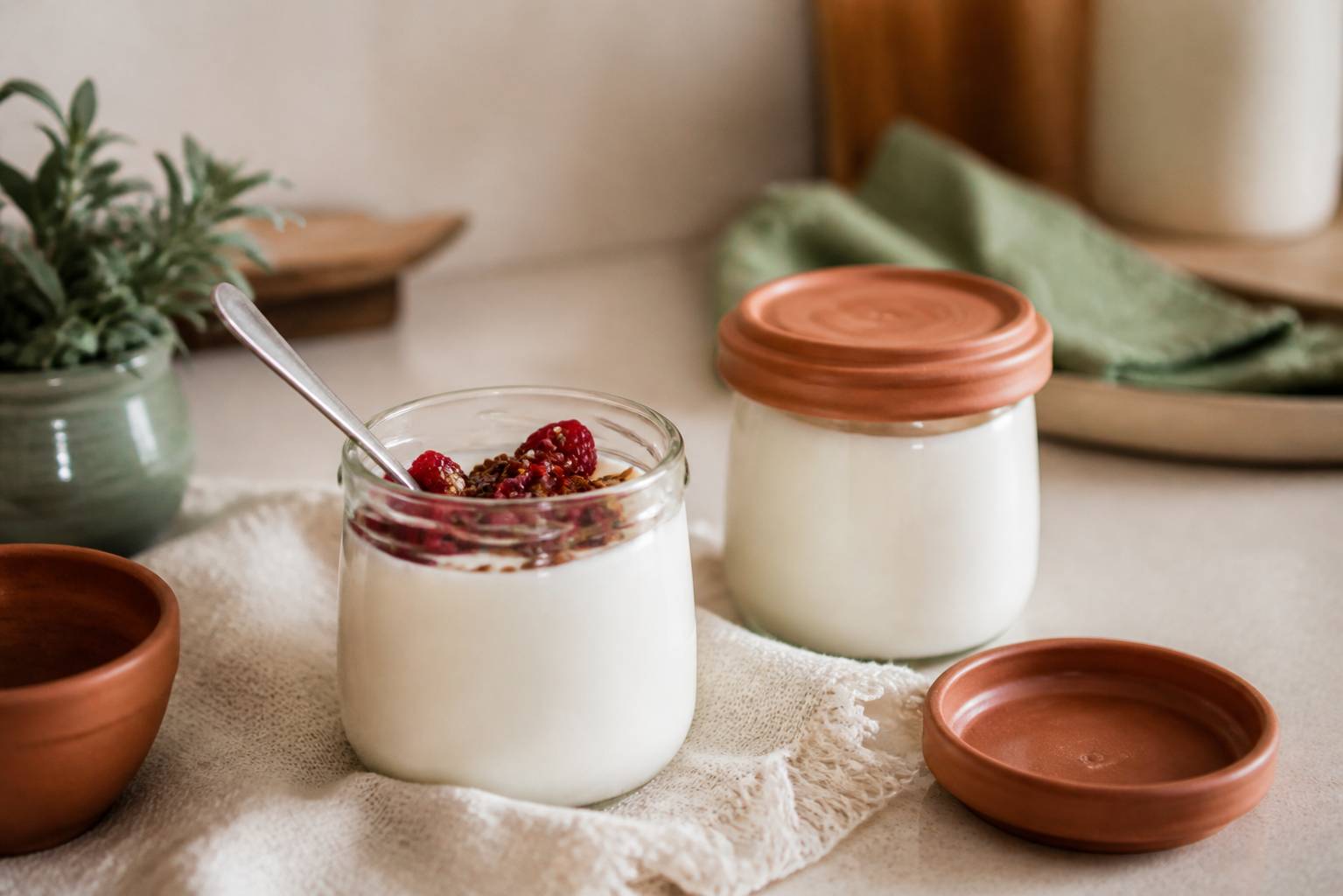 Pots en verre de yaourt maison avec un pot ouvert garni de fruits rouges et de graines