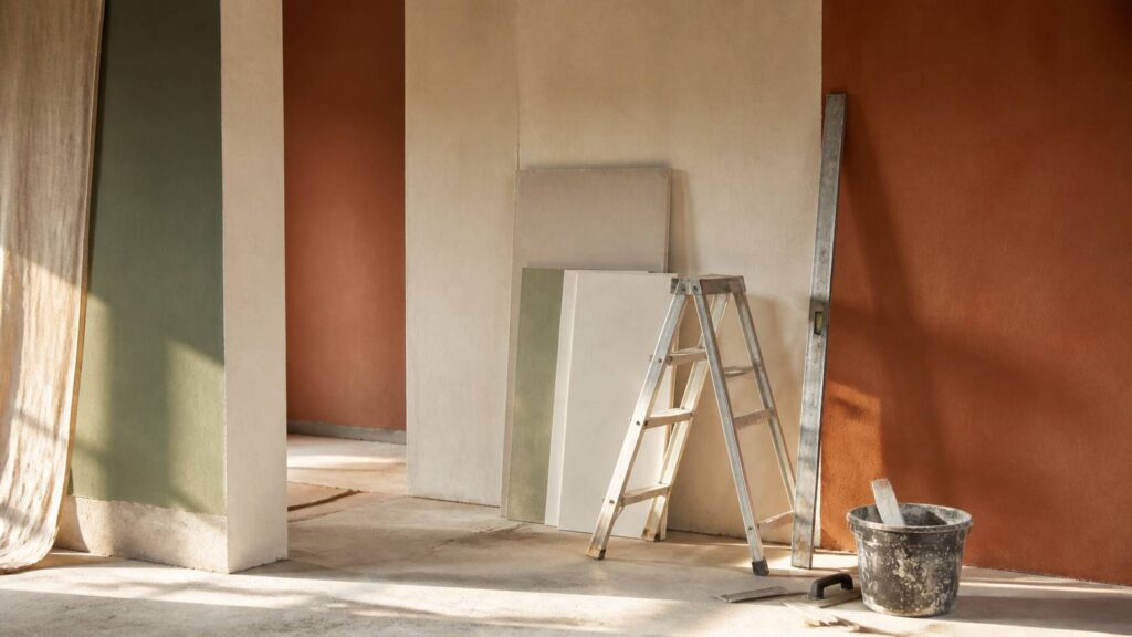 Panneaux de plaques de plâtre dans une pièce en rénovation lumineuse