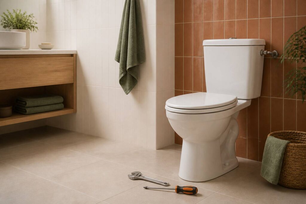 WC avec outillage de plomberie dans une salle de bain