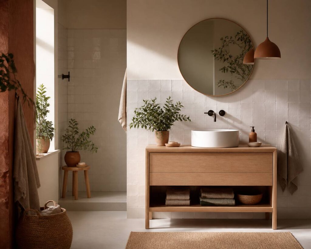 Salle de bains rénovée à petit budget avec carrelage clair et meuble en bois