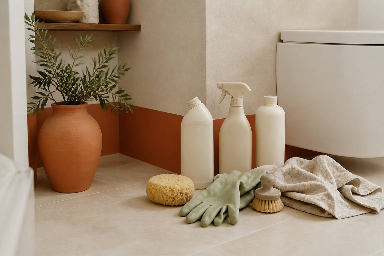 Produits d'entretien sans étiquette près d'un WC dans une salle de bain