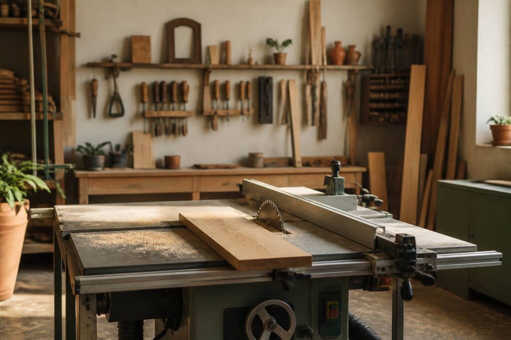 Scie circulaire sur table dans un atelier avec une planche de bois en cours de découpe