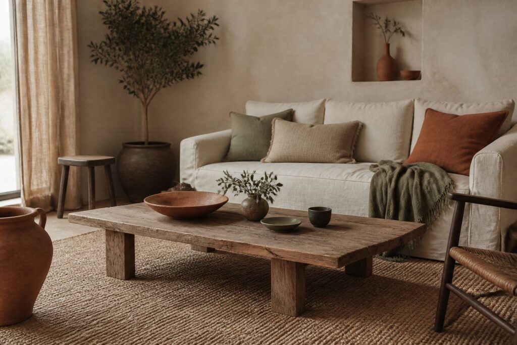 Salon aux tons naturels avec un sol en sisal et un canapé en lin
