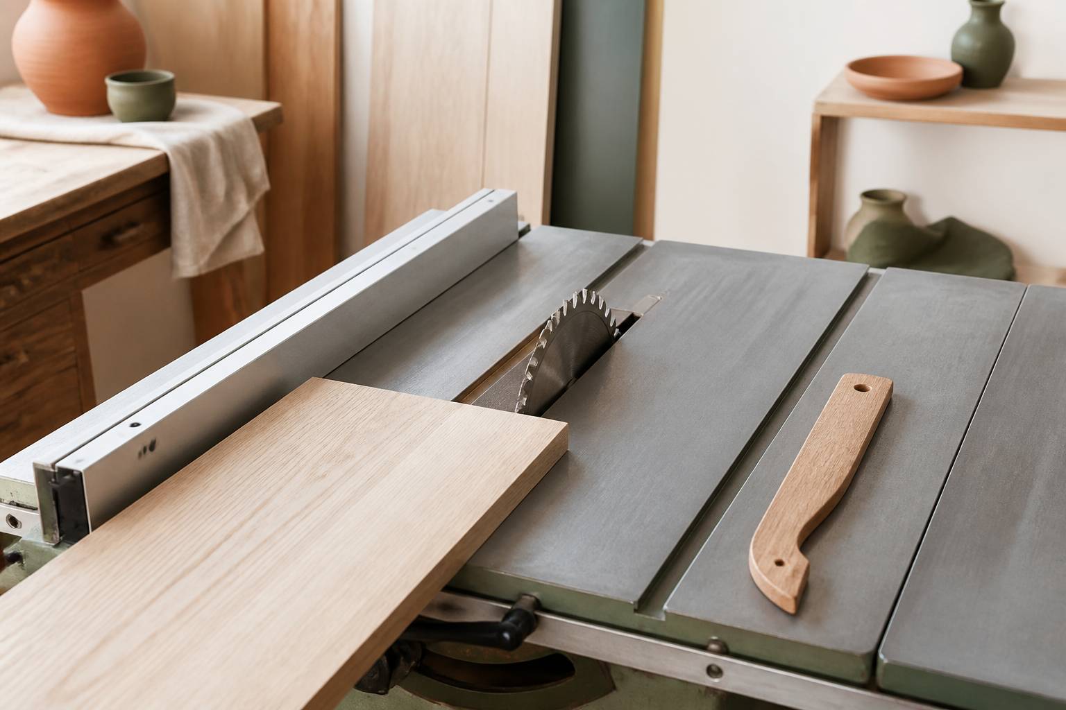 Lame de scie circulaire sur table et guide latéral avec une planche de bois