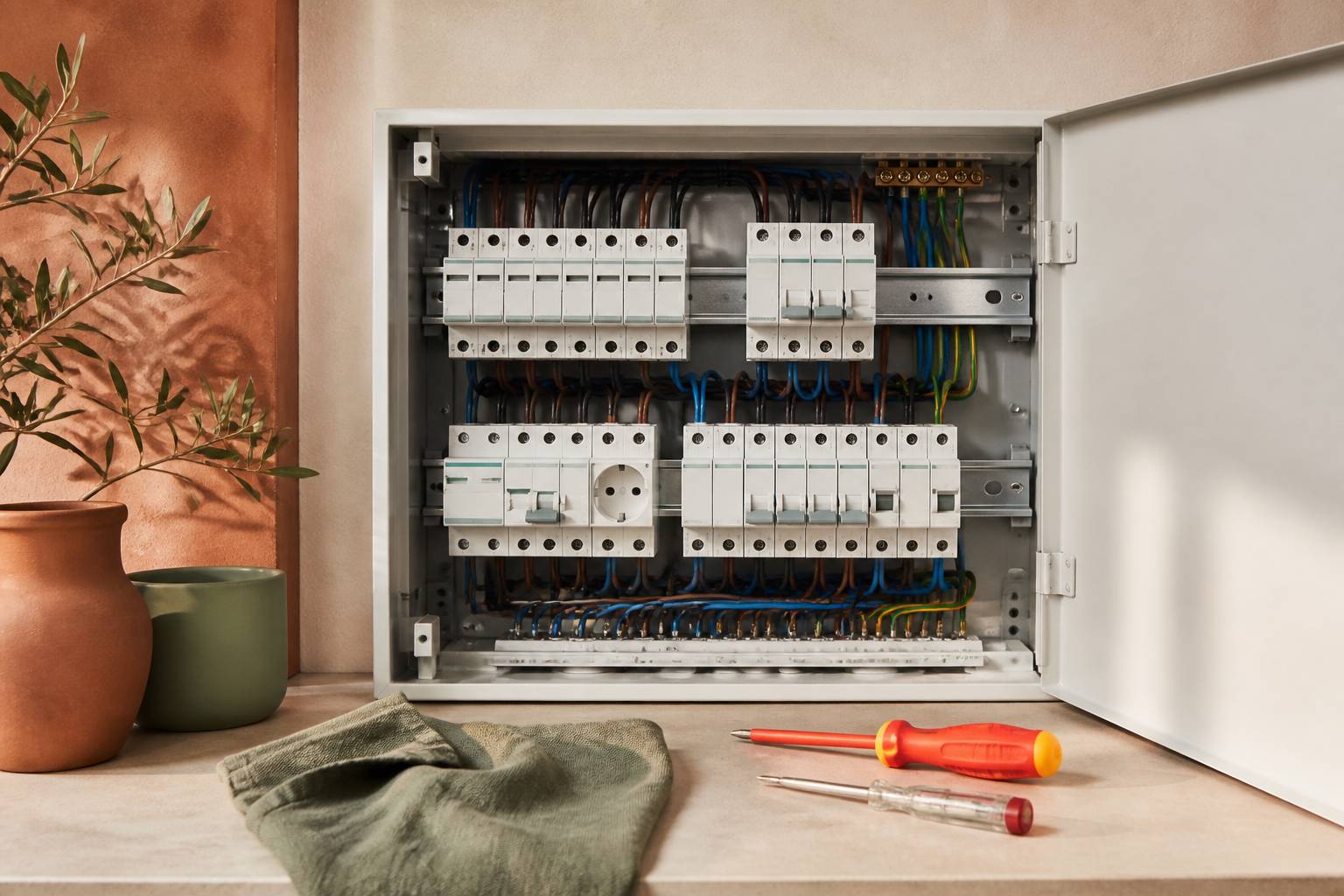 Tableau électrique ouvert avec modules et fils rangés