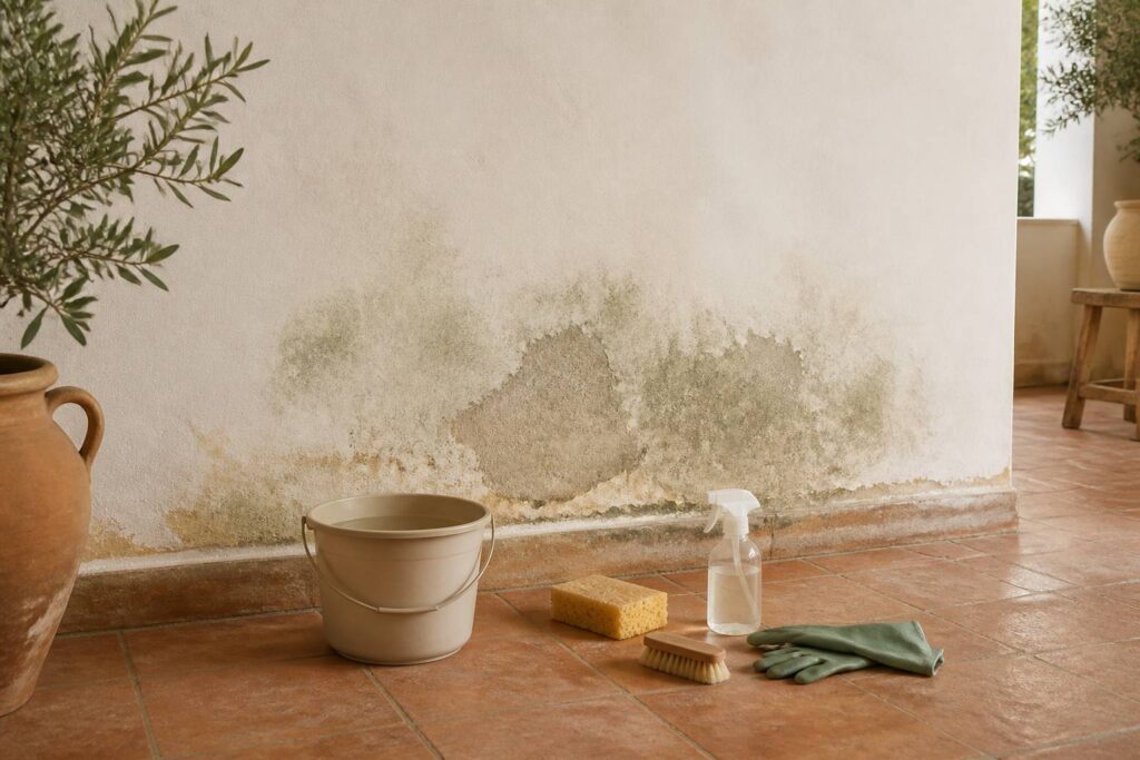 Mur intérieur clair avec une tache vert-gris d'humidité entouré d'éponge, seau et produits de nettoyage